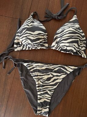 Zebra Print Triangle Bikini Set - Brown & Cream